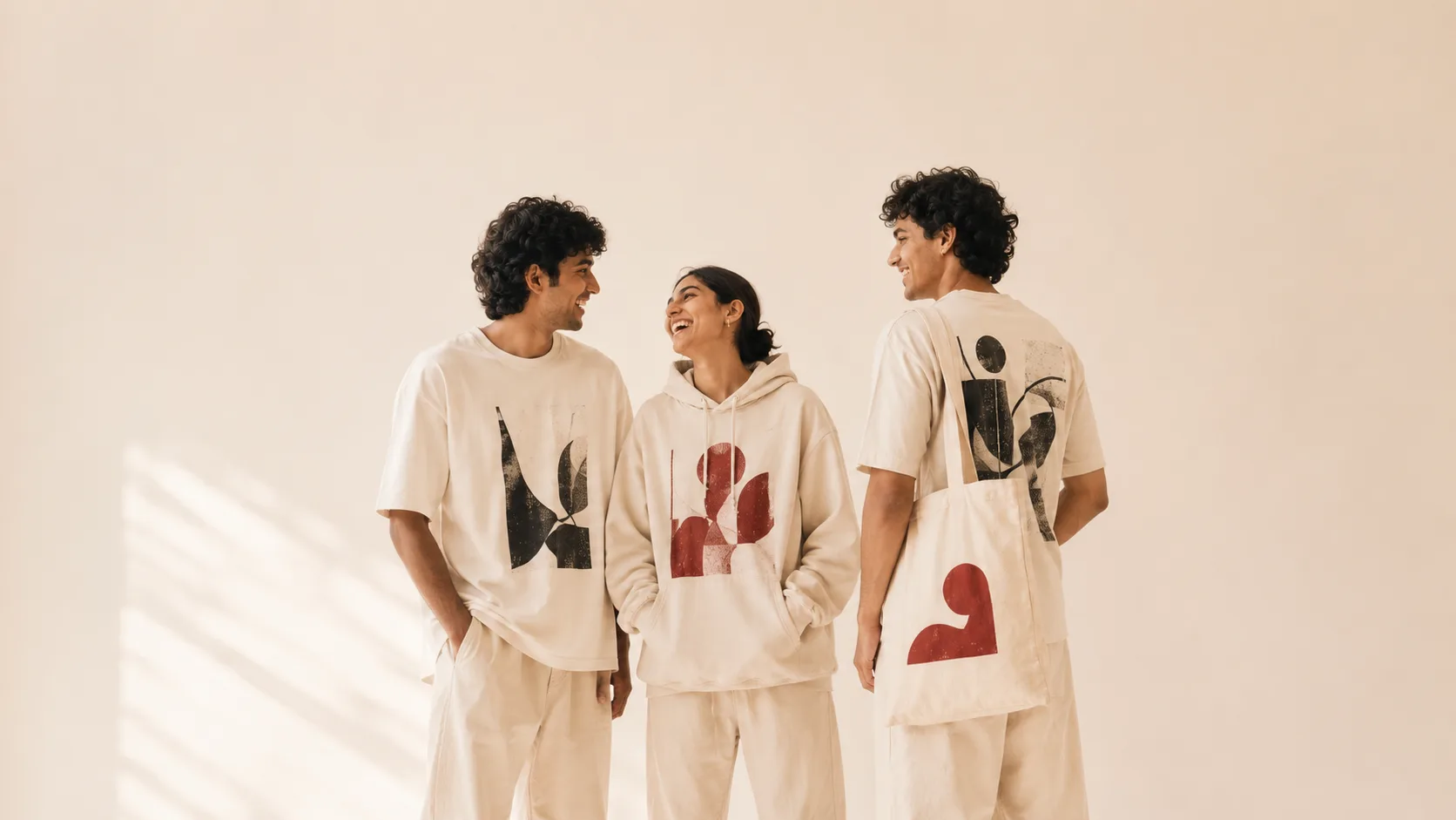 Three creatives together in coordinated custom Shoonya apparel against a warm cream backdrop